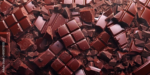 chocolate background  lots of chocolate pieces and broken bars  top view  flat lay  World Chocolate Day