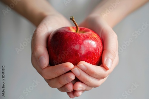 Close up of hands holding a red apple against a white background