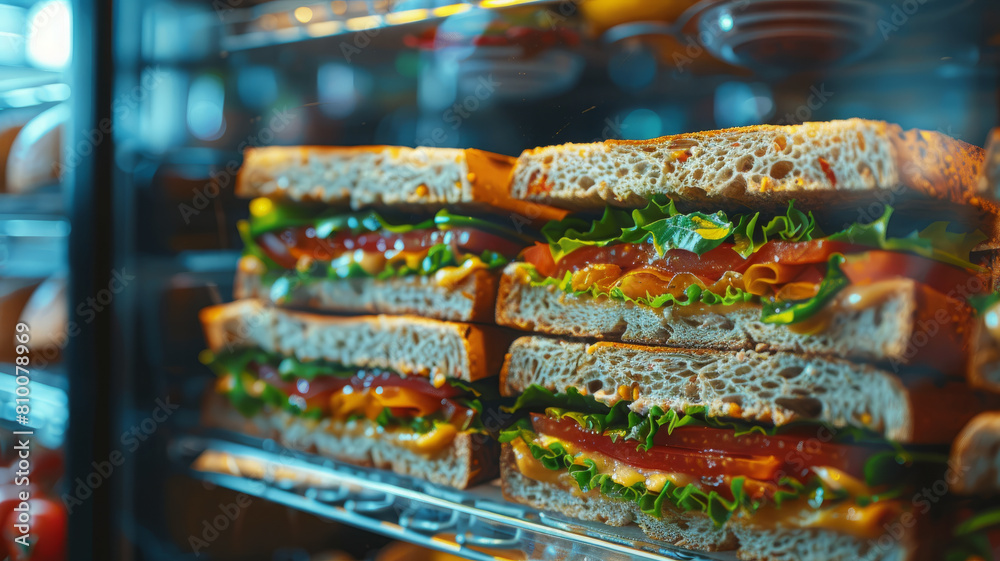 Sandwiches in a display fridge. Sandwiches in a display fridge.
