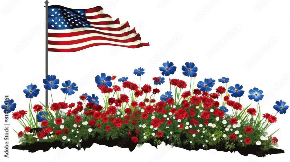 In memorial day, American flag on top and red white and blue flowers in ...