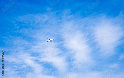 flying airplane on blue sky 