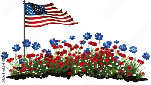 In memorial day, American flag on top and red white and blue flowers in front of the tombstone.