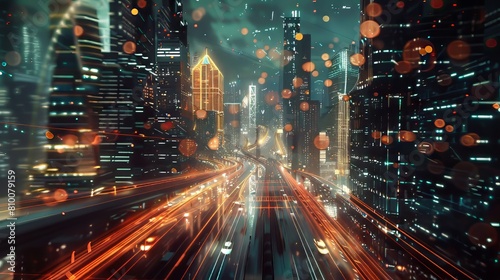 Futuristic cityscape overlaid with a network of AI pathways and data flows  symbolizing the integration of intelligent systems into urban environments