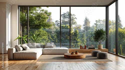 A large living room with a couch, coffee table, and potted plants. The room has a modern and spacious feel, with large windows that let in plenty of natural light. The plants add a touch of greenery