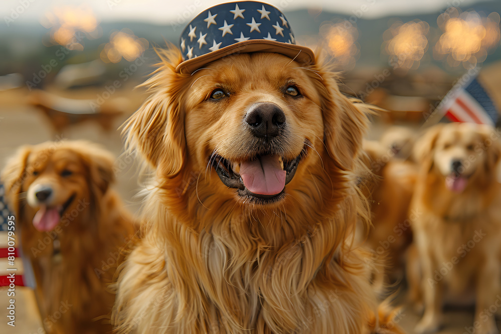Funny patriotic dog in hat with American flag and fireworks on background, 4 July Independence Day celebration.
