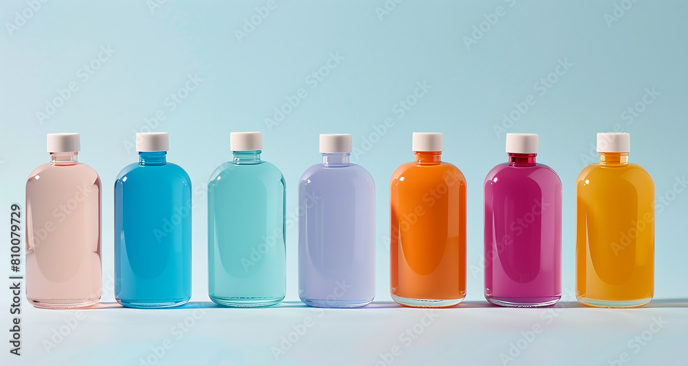 Set of Colourfull Bottle of Cosmetics on Light blue Background Set of Colourfull Bottle of Cosmetics on Light blue Background