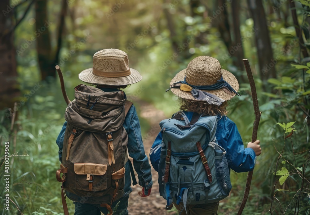 Naklejka premium Two children dressed as explorers walking in the forest with backpacks and sticks.