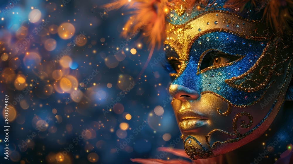 A woman with a blue mask on her face. The mask is covered in glitter and has feathers on it. The background is blurry and has a lot of light shining on the woman. Scene is bright and festive