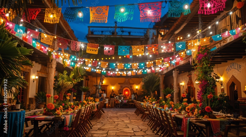 A large room with tables and chairs set up for a party. The tables are covered with colorful tablecloths and there are many flowers and decorations. Scene is festive and celebratory