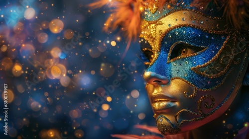 A woman with a blue mask on her face. The mask is covered in glitter and has feathers on it. The background is blurry and has a lot of light shining on the woman. Scene is bright and festive