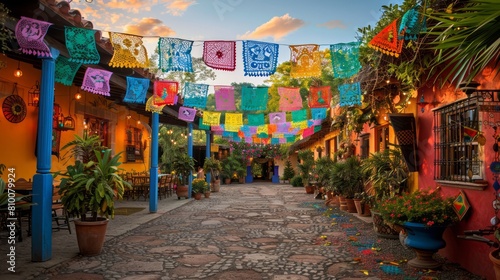 A colorful street with a lot of potted plants and flags hanging from the ceiling. The atmosphere is lively and festive