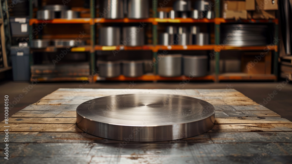 A metal disc in a warehouse. A metal disc in a warehouse.