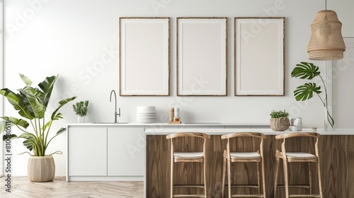 Mock up frame in kitchen interior background. Scandinavian home design. photo