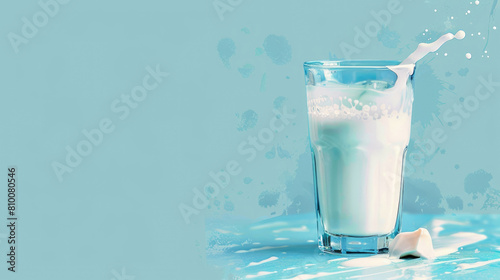 watercolor illustration, postcard, World Milk Day, milk splashing out of a glass, blue background, copy space, free space for text photo