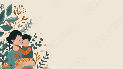 watercolor illustration, postcard, International Children's Day, mother and son among flowers, a woman holding a child in her arms, light background, copy space, free space for text photo