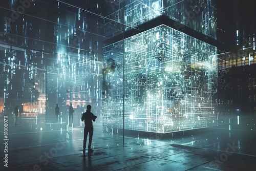 A glass cube with illuminated digital schemes is a window into the future, a reminder that anything is possible photo