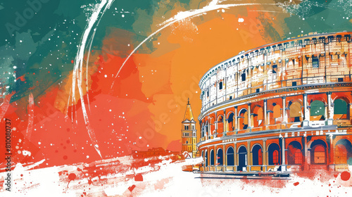 watercolor illustration  postcard  Republic Day in Italy  famous historical landmark  colosseum in Rome  on the background of the Italian flag  copy space  free space for text