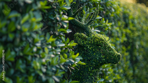 Close-up of a hedge shaped into a deer  highlighting the antlers and body texture in lush  vibrant greens under the afternoon sun