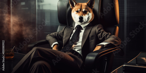 Dog in Formal Suit. Shiba Inu Executive in Luxury Office Chair. Canine in Business Environment. Generative AI