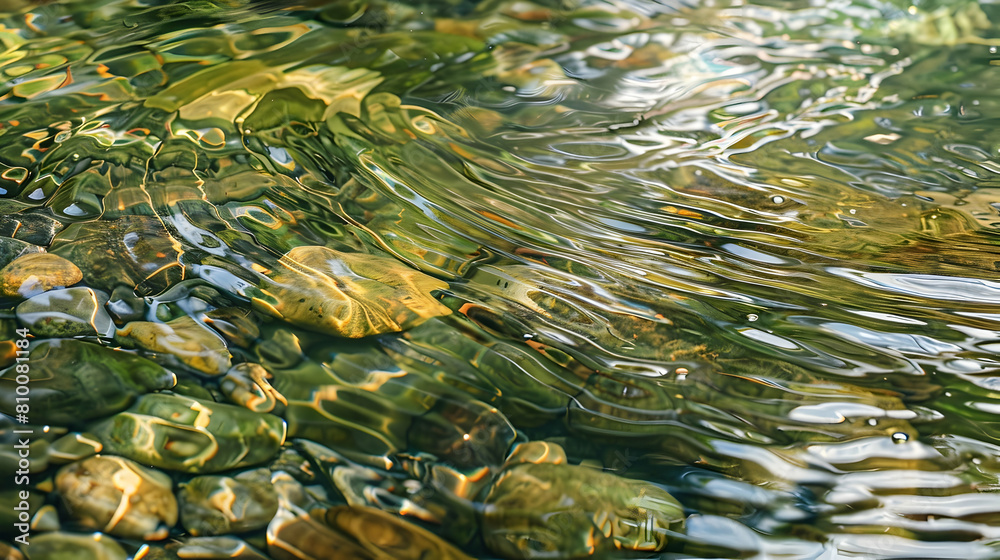 Close-up of a small, crystal-clear creek with smooth stones and moss under the gentle flow of water, capturing the texture and tranquility Close-up of a small, crystal-clear creek with smooth stones and moss under the gentle flow of water, capturing the texture and tranquility