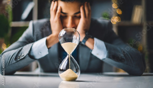 hourglass on office desk, time running out, stressed person with hands on head in background photo