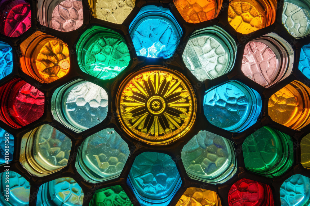 Pattern formed by pieces of stained glass showcases a kaleidoscope of colors. Colorful window decoration Pattern formed by pieces of stained glass showcases a kaleidoscope of colors. Colorful window decoration