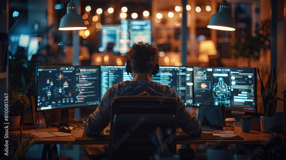 A collaborative team working late at night on AI development, with multiple screens displaying code and AI models. The team is engaged in a brainstorming session. Generative AI. A collaborative team working late at night on AI development, with multiple screens displaying code and AI models. The team is engaged in a brainstorming session. Generative AI.