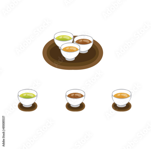 お盆にのった3種類のお茶セット煎茶　ほうじ茶　玄米茶　のイラスト