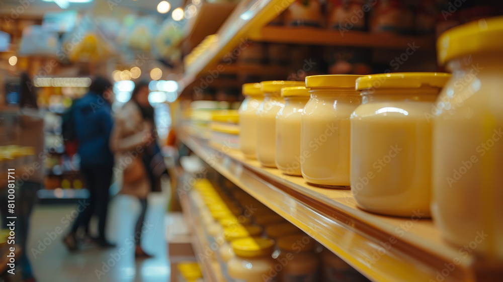 Jars on supermarket shelf, blurred shoppers Jars on supermarket shelf, blurred shoppers