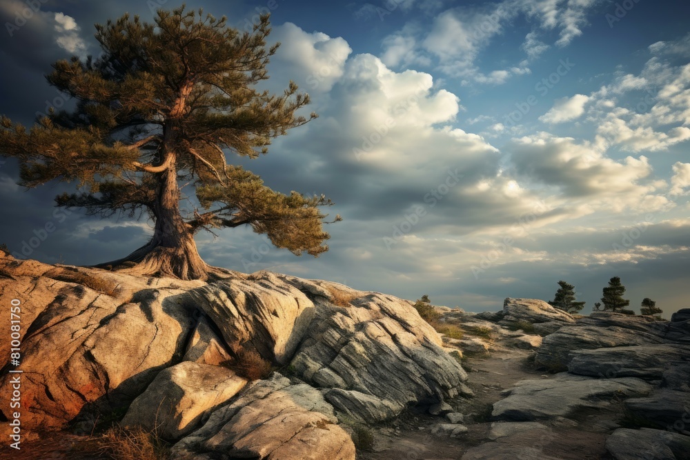 Solitary pine tree stands against the evening sky on a rocky plateau, symbolizing resilience in nature