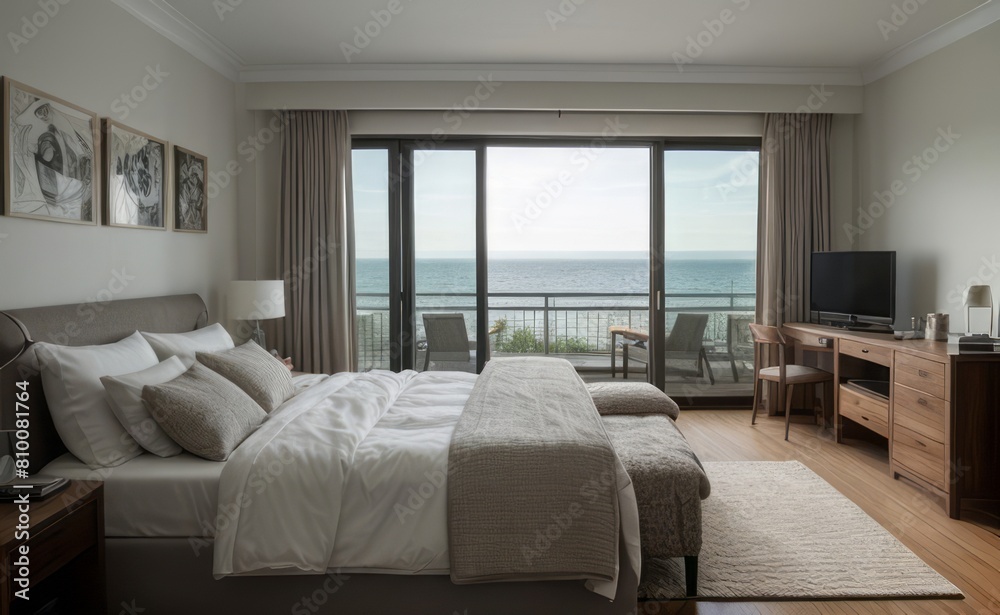 Fototapeta premium Relaxing Seaside Bedroom with Ocean View