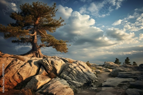 Solitary pine tree stands against the evening sky on a rocky plateau  symbolizing resilience in nature