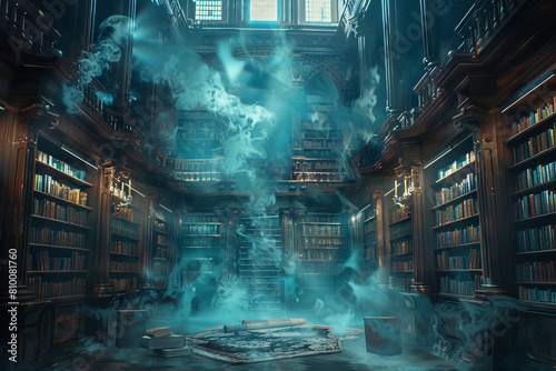 A grand  magical library acting as a portal to mystical worlds  with shelves of glowing books and a misty ambiance Perfect for an educational app promotion  symbolizing the adventure and wonder