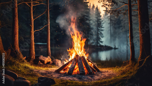 Campsite bonfire at night, warm orange flames, cozy atmosphere
