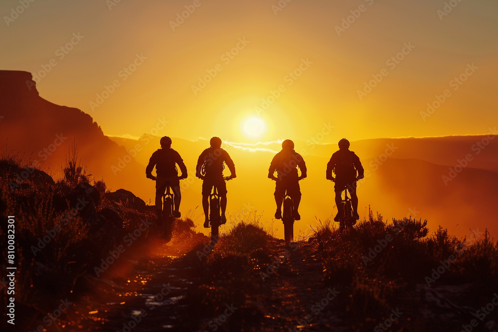 A group of mountain bikers, silhouetted against the rising sun, is a reminder of the beauty and adventure of the outdoors