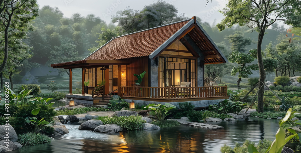 The charming 1-store house, simply designed with an uncovered balcony overlooking a peaceful stream. Generative AI. The charming 1-store house, simply designed with an uncovered balcony overlooking a peaceful stream. Generative AI.