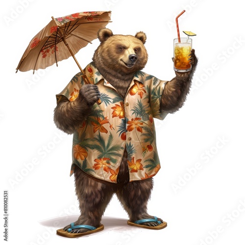 Anthropomorphic bear character in Hawaiian shirt enjoying a tropical drink with an umbrella