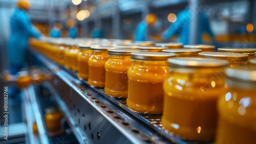 Glass honey jars on conveyor belt