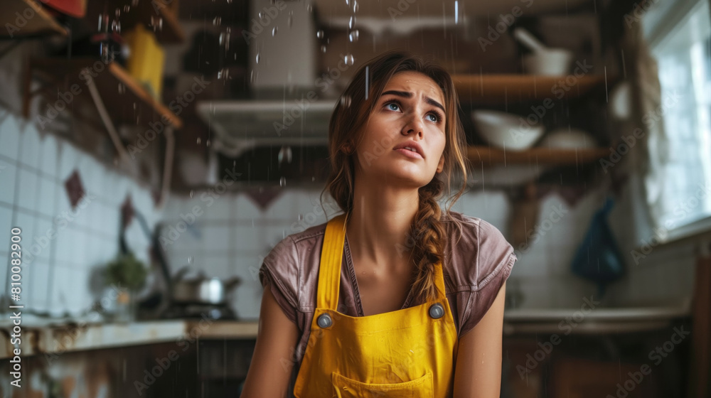 Obraz premium Sad woman in a yellow apron looking up at a leaking ceiling in the kitchen.