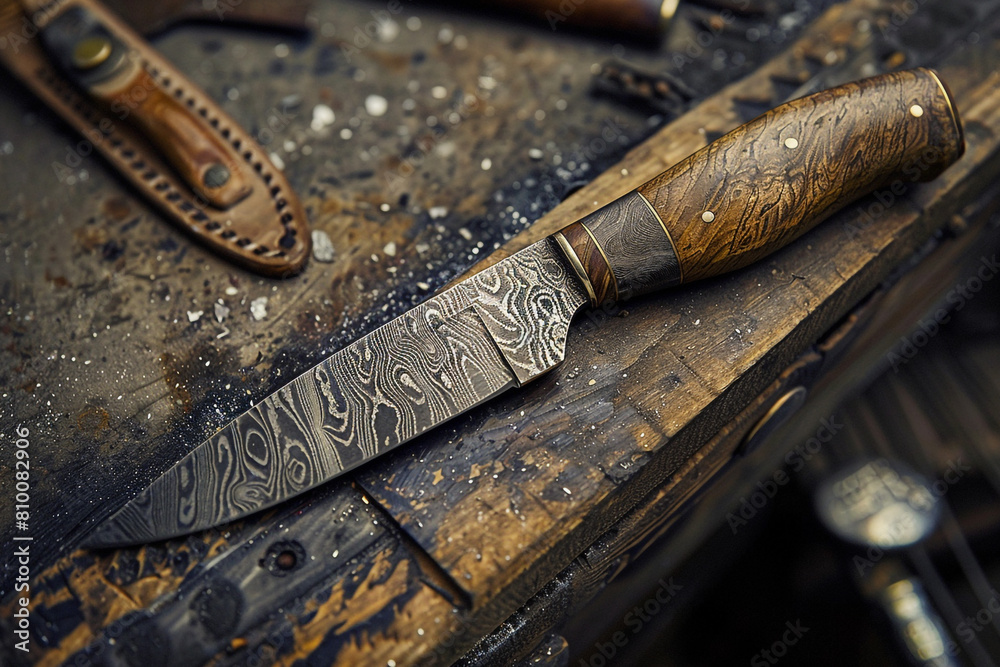 A hand-forged Damascus steel knife is a work of art, a testament to the skill and craftsmanship of the blacksmith A hand-forged Damascus steel knife is a work of art, a testament to the skill and craftsmanship of the blacksmith