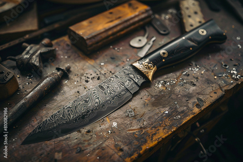 A hand-forged Damascus steel knife is a work of art, a testament to the skill and craftsmanship of the blacksmith photo