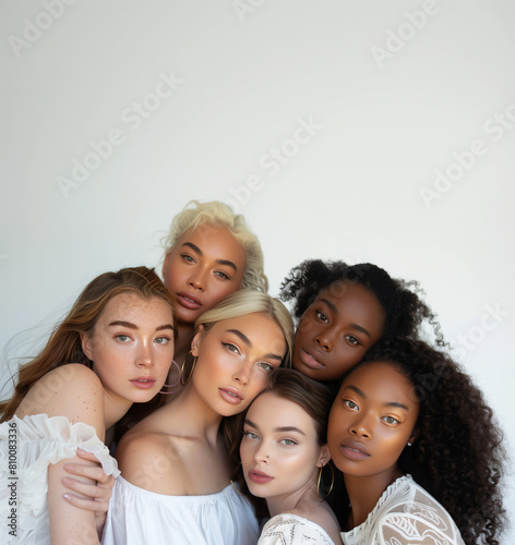 A group of stunning women, each with unique skin tones, strikes a pose in matching white outfits for a studio photoshoot