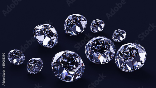3D rendering, a scattering of precious stones, diamonds on a dark background.