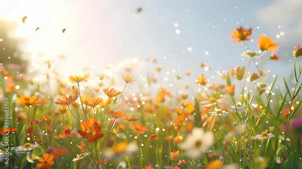 Close-up of vibrant wildflowers on a sunny floodplain, with bees buzzing and a soft breeze, showcasing the biodiversity Close-up of vibrant wildflowers on a sunny floodplain, with bees buzzing and a soft breeze, showcasing the biodiversity