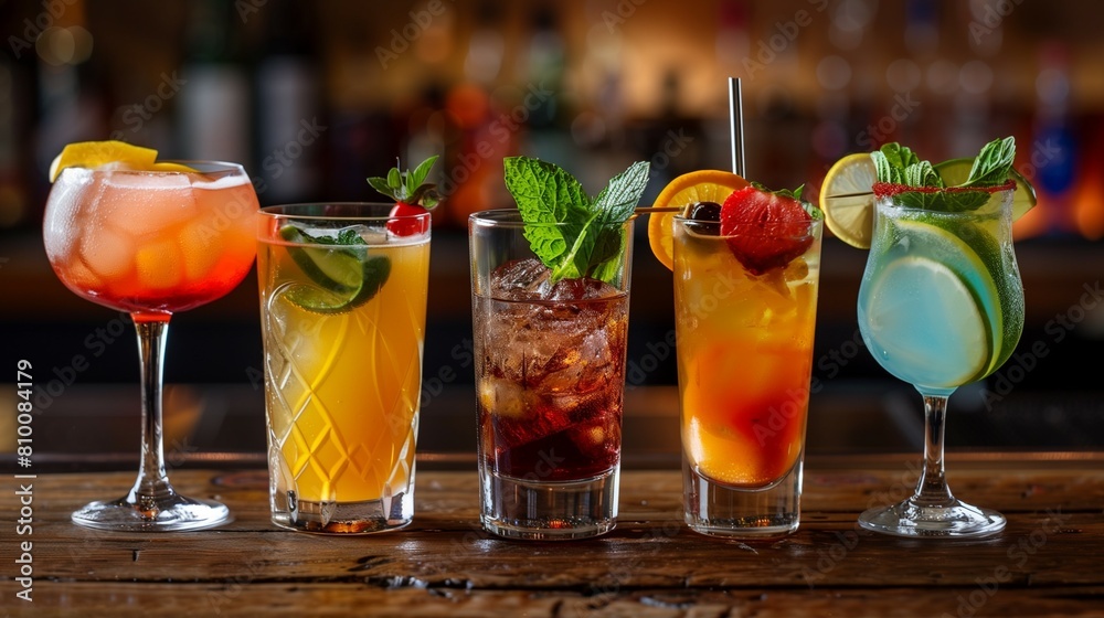 A wooden bar counter with different colored drinks in glasses A wooden bar counter with different colored drinks in glasses