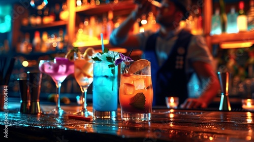 A bar with a few colorful drinks on a wooden table