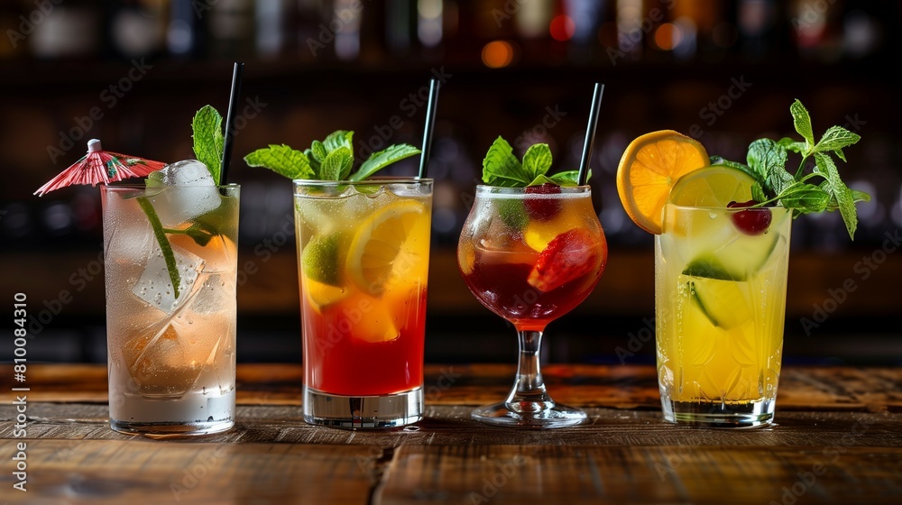 A wooden bar counter with different colored drinks in glasses A wooden bar counter with different colored drinks in glasses