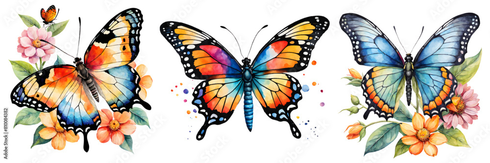 Set of butterfly collection colored. Set of beautiful butterflies watercolor isolated on white background. Orange, pink, green and blue, butterfly vector illustration	

