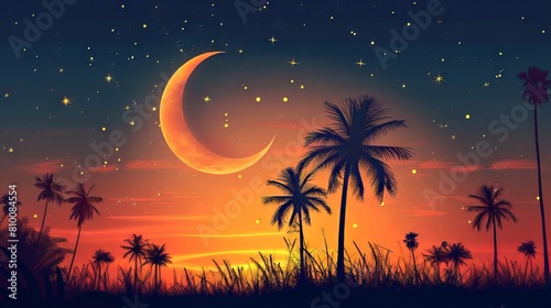 Illustration of a crescent moon and palm trees to represent the beginning of the Islamic New Year