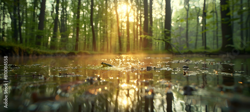 Dawn light reflecting on a vernal pool with emerging amphibians and a misty forest backdrop  shot in ultra HD clarity with a shallow depth of field